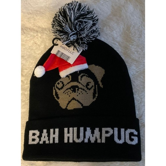 NWT BAH HUMPUG Black Knit Hat With Santa Pug And Pom Pom. Great Gift/ Ugly Xmas - Picture 1 of 4